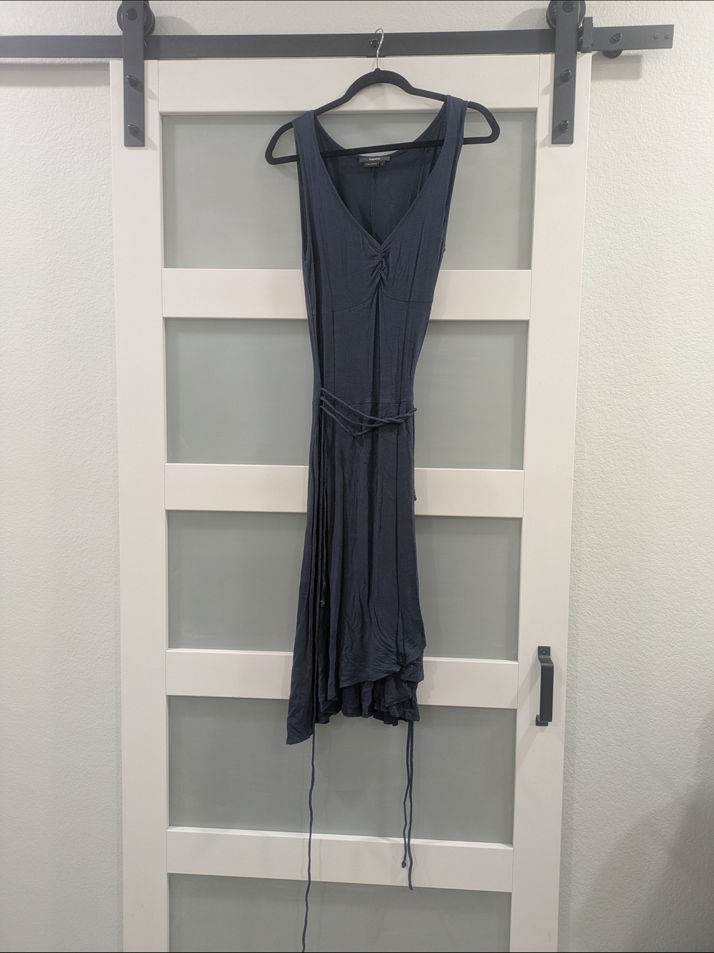 Maxime Slate Blue Sleeveless V-Neck Midi Dress with Tie Waist